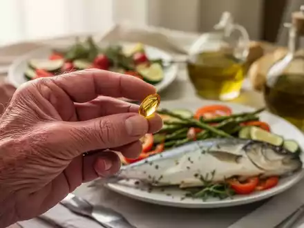 Nahaufnahme einer Hand, die eine Fischölkapsel hält, mit einem unscharfen Hintergrund aus gesunden Lebensmitteln. - Foto: über boerse-global.de
