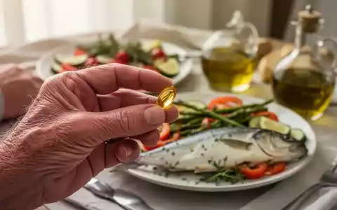 Nahaufnahme einer Hand, die eine Fischölkapsel hält, mit einem unscharfen Hintergrund aus gesunden Lebensmitteln. - Foto: über boerse-global.de