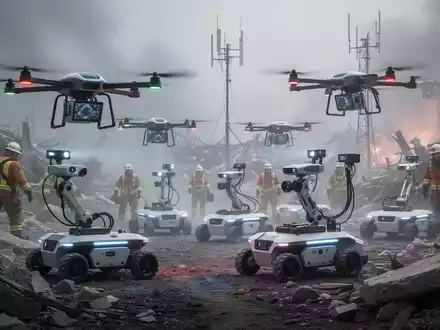 Autonome Drohnen und Bodenroboter mit Einsatzkräften in einem Katastrophengebiet, demonstrieren KI-gestützte Flottenkoordination. - Foto: über boerse-global.de