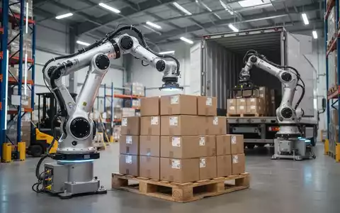 Roboterarme entladen Kartons von einem Lkw und stapeln sie auf einer Palette in einem sauberen, modernen Lagerhaus, das automatisierte Logistik zeigt. - Foto: über boerse-global.de