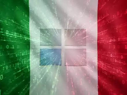 Italienische Flaggenfarben und Binärcode verschmelzen zu einem schwachen Microsoft-Logo, Symbol für digitale Regulierung und Kartellrecht. - Foto: über boerse-global.de