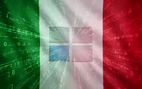 Italienische Flaggenfarben und Binärcode verschmelzen zu einem schwachen Microsoft-Logo, Symbol für digitale Regulierung und Kartellrecht. - Foto: über boerse-global.de