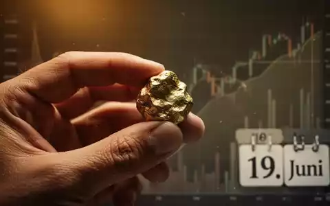 Eine Hand hält ein Goldnugget vor einem unscharfen Hintergrund mit Finanzgrafiken und dem Datum 19. Juni. - Foto: über boerse-global.de