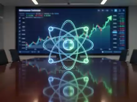 Abstrakte Darstellung eines leuchtenden Wasserstoffatoms vor einem verschwommenen, aufsteigenden Finanzdiagramm auf einem Konferenztisch. - Foto: über boerse-global.de