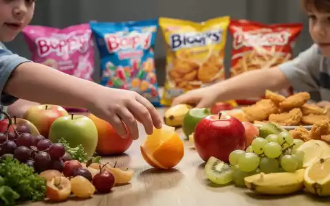 Eine Kinderhand greift nach Obst auf einem Tisch mit gesunden Lebensmitteln, im Hintergrund unscharfe ungesunde Snacks. - Foto: über boerse-global.de