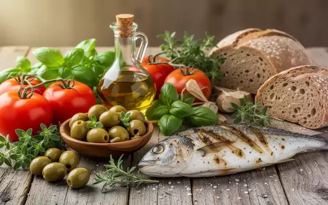 Eine Nahaufnahme einer Auswahl an mediterranen Lebensmitteln auf einem Holztisch, darunter Tomaten, Oliven, Kräuter und Fisch. - Foto: über boerse-global.de