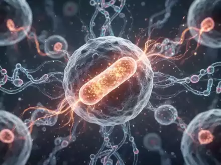 Nahaufnahme von leuchtenden Mitochondrien in Immunzellen, umgeben von komplexen Stoffwechselwegen. Abstrakte Lichtmuster symbolisieren Energie. - Foto: über boerse-global.de