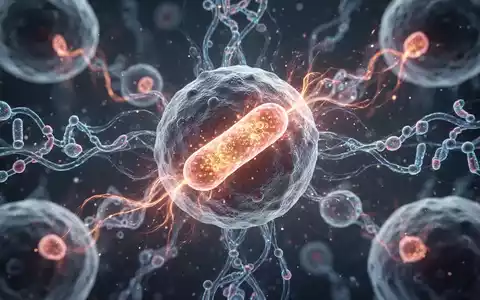Nahaufnahme von leuchtenden Mitochondrien in Immunzellen, umgeben von komplexen Stoffwechselwegen. Abstrakte Lichtmuster symbolisieren Energie. - Foto: über boerse-global.de