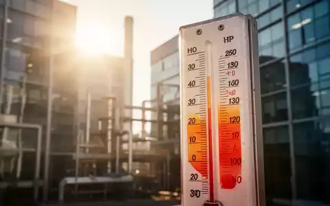 Ein Thermometer zeigt extrem hohe Temperaturen an, mit einem unscharfen Hintergrund eines modernen Bürogebäudes unter sengender Sonne. - Foto: über boerse-global.de