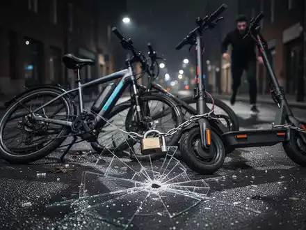 Ein hochwertiges E-Bike und ein E-Scooter mit einem durchtrennten Schloss liegen nachts auf einer dunklen Straße, im Hintergrund eine verschwommene Gestalt. - Foto: über boerse-global.de