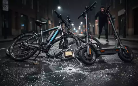Ein hochwertiges E-Bike und ein E-Scooter mit einem durchtrennten Schloss liegen nachts auf einer dunklen Straße, im Hintergrund eine verschwommene Gestalt. - Foto: über boerse-global.de