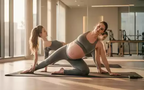 Eine schwangere Frau führt eine Pilates-Übung auf einer Matte in einem hellen, modernen Fitnessstudio aus. - Foto: über boerse-global.de