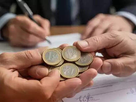 Hände halten Euro-Münzen, im Hintergrund verschwommen eine Person, die ein Dokument unterschreibt. - Foto: über boerse-global.de