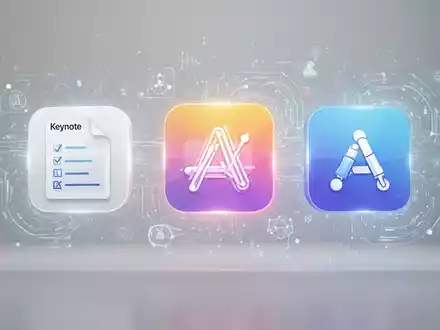 Stilisierte Symbole für Apple Pages, Keynote und Numbers, futuristisch leuchtend, für Produktivität und KI-Integration. - Foto: über boerse-global.de