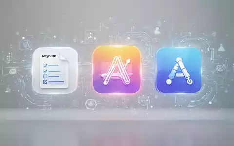 Stilisierte Symbole für Apple Pages, Keynote und Numbers, futuristisch leuchtend, für Produktivität und KI-Integration. - Foto: über boerse-global.de