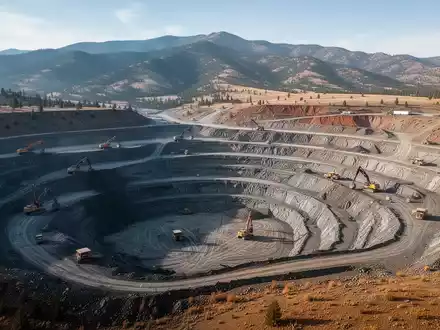 Luftaufnahme einer offenen Mine in einer bergigen Landschaft in Idaho, USA, mit schweren Maschinen auf den Terrassen. - Foto: über boerse-global.de