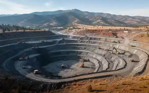 Luftaufnahme einer offenen Mine in einer bergigen Landschaft in Idaho, USA, mit schweren Maschinen auf den Terrassen. - Foto: über boerse-global.de