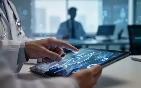 Eine unscharfe Hand eines Arztes zeigt auf ein Tablet mit medizinischen Daten, im Hintergrund eine verschwommene Silhouette eines Büroangestellten. - Foto: über boerse-global.de