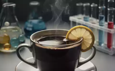 Eine Tasse Kaffee mit einer Zitronenspalte auf dem Rand, vor einem verschwommenen wissenschaftlichen Laborhintergrund. - Foto: über boerse-global.de