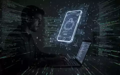 Eine schattenhafte Gestalt tippt auf einem Laptop in einem dunklen Raum, umgeben von leuchtenden Codezeilen und Datenströmen. - Foto: über boerse-global.de