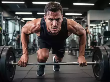 Ein Athlet schiebt einen Gewichtsschlitten in einem Fitnessstudio, dessen Muskeln angespannt sind und der konzentriert aussieht. - Foto: über boerse-global.de