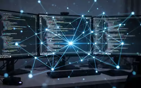 Abstraktes digitales Netzwerk, das Knoten verbindet und Datenfluss sowie Integration symbolisiert, über unscharfem Hintergrund eines Entwickler-Schreibtischs. - Foto: über boerse-global.de