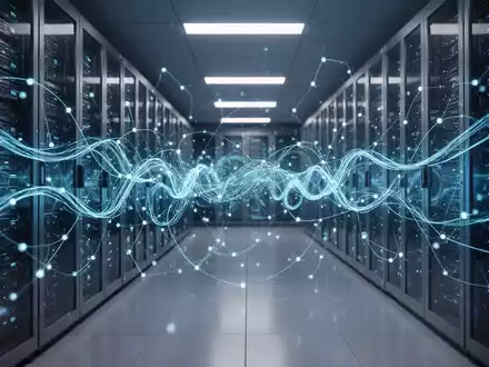 Futuristischer Serverraum mit leuchtend blauen Datenströmen, die sichere digitale Kommunikation und KI-Fortschritte darstellen. - Foto: über boerse-global.de