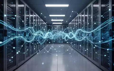 Futuristischer Serverraum mit leuchtend blauen Datenströmen, die sichere digitale Kommunikation und KI-Fortschritte darstellen. - Foto: über boerse-global.de