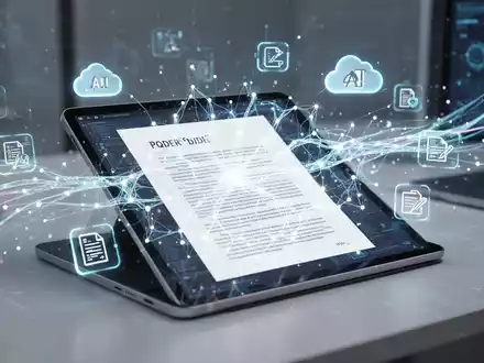 Tablet mit PDF-Dokument und neuronalem Netz-Overlay, umgeben von KI-, Cloud- und Dokumentenbearbeitungs-Icons. - Foto: über boerse-global.de