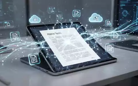 Tablet mit PDF-Dokument und neuronalem Netz-Overlay, umgeben von KI-, Cloud- und Dokumentenbearbeitungs-Icons. - Foto: über boerse-global.de