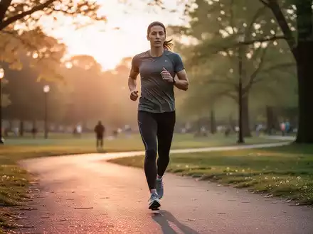 Eine Person joggt auf einem Parkweg bei Sonnenaufgang, mit Bäumen und weichem Licht im Hintergrund. - Foto: über boerse-global.de