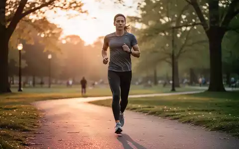 Eine Person joggt auf einem Parkweg bei Sonnenaufgang, mit Bäumen und weichem Licht im Hintergrund. - Foto: über boerse-global.de