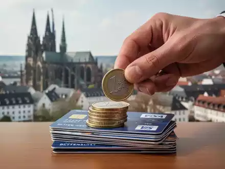 Eine Hand legt Euro-Münzen auf Hotelzimmerkarten, im Hintergrund verschwommen die Mainzer Stadtkulisse mit Dom. - Foto: über boerse-global.de