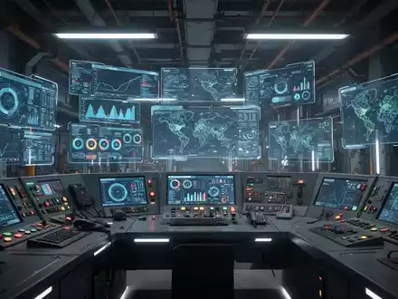 Holografische Dashboards mit Datentrends, Karten und HMI-Bildschirmen in einem modernen, beleuchteten Industrie-Kontrollraum. - Foto: über boerse-global.de