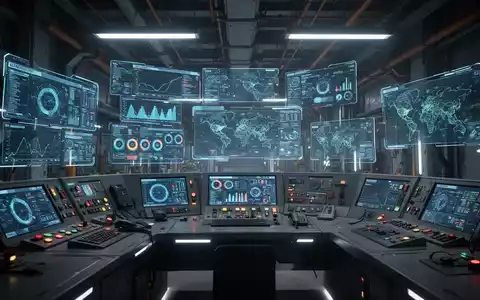 Holografische Dashboards mit Datentrends, Karten und HMI-Bildschirmen in einem modernen, beleuchteten Industrie-Kontrollraum. - Foto: über boerse-global.de