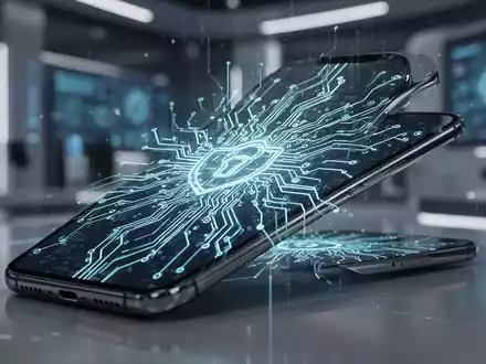 Smartphone-Bildschirm mit abstrakten, leuchtenden Leiterplattenmustern, die digitale Sicherheit und Systemverbesserungen darstellen. - Foto: über boerse-global.de