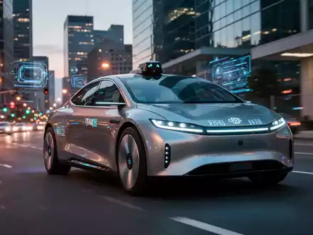 Ein glänzendes, metallisches autonomes Robotaxi fährt in der Dämmerung durch eine Stadtstraße, mit verschwommenen Stadtlichtern und moderner Architektur im Hintergrund. - Foto: über boerse-global.de