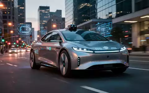 Ein glänzendes, metallisches autonomes Robotaxi fährt in der Dämmerung durch eine Stadtstraße, mit verschwommenen Stadtlichtern und moderner Architektur im Hintergrund. - Foto: über boerse-global.de