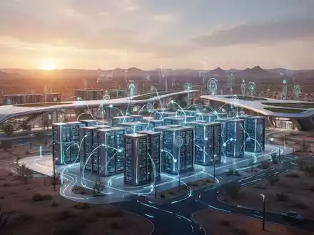 Futuristischer KI-Rechenzentrums-Campus in texanischer Wüste bei Sonnenuntergang mit moderner Architektur und leuchtenden Server-Racks. - Foto: über boerse-global.de