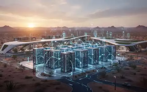 Futuristischer KI-Rechenzentrums-Campus in texanischer Wüste bei Sonnenuntergang mit moderner Architektur und leuchtenden Server-Racks. - Foto: über boerse-global.de