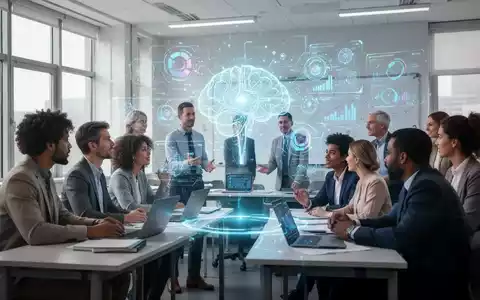 Lehrer in einem modernen Klassenzimmer lernen von einer holografischen Projektion über KI, Symbol für digitale Bildung und technologische Integration. - Foto: über boerse-global.de