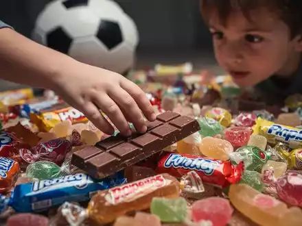 Eine Kinderhand greift nach einem Schokoriegel aus einem großen Stapel Süßigkeiten, mit einem unscharfen Fußball im Hintergrund. - Foto: über boerse-global.de