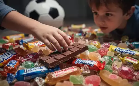 Eine Kinderhand greift nach einem Schokoriegel aus einem großen Stapel Süßigkeiten, mit einem unscharfen Fußball im Hintergrund. - Foto: über boerse-global.de