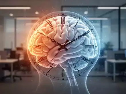 Abstrakte Darstellung einer Uhr, die mit einem Gehirn verschmilzt, um zirkadiane Rhythmen und kognitive Funktionen darzustellen. - Foto: über boerse-global.de