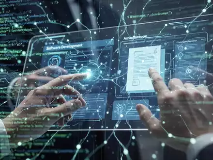 Abstrakte Darstellung einer künstlichen Intelligenz mit leuchtenden neuronalen Netzen und Code, die Softwareentwicklung beschleunigt. - Foto: über boerse-global.de