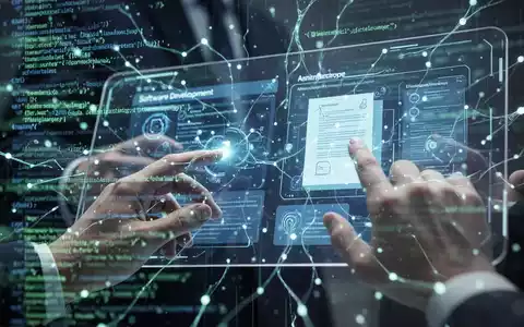 Abstrakte Darstellung einer künstlichen Intelligenz mit leuchtenden neuronalen Netzen und Code, die Softwareentwicklung beschleunigt. - Foto: über boerse-global.de