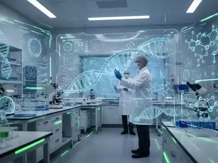 Eine futuristische Laborumgebung mit holographischen Anzeigen komplexer wissenschaftlicher Daten und einem Forscher, der mit einem Bildschirm interagiert. - Foto: über boerse-global.de