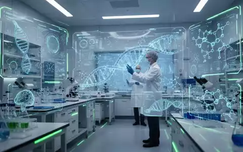 Eine futuristische Laborumgebung mit holographischen Anzeigen komplexer wissenschaftlicher Daten und einem Forscher, der mit einem Bildschirm interagiert. - Foto: über boerse-global.de