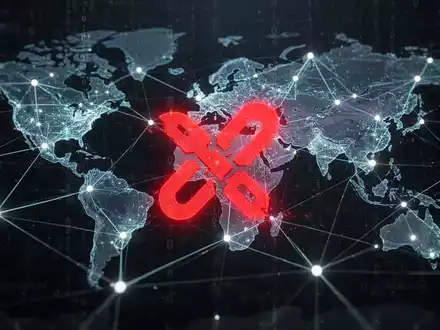 Globale Netzwerkdarstellung mit leuchtenden Linien und Knoten, überlagert mit Binärcode und rotem 'X' als Symbol für eine Löschung. - Foto: über boerse-global.de