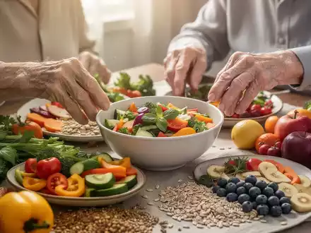 Eine Nahaufnahme einer gesunden Mahlzeit mit bunten Früchten und Gemüse, während Hände nach einer Schale greifen. - Foto: über boerse-global.de